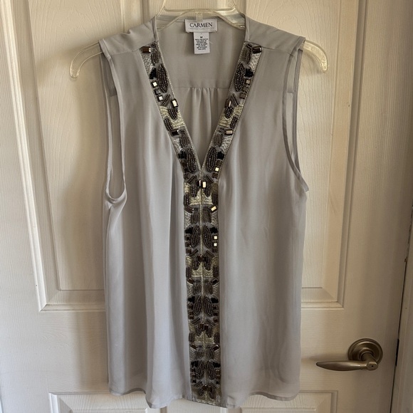 Carmen Marc Valvo Tops - Carmen Marc Valvo Silver Beaded V-Neck Sleeveless Camisole